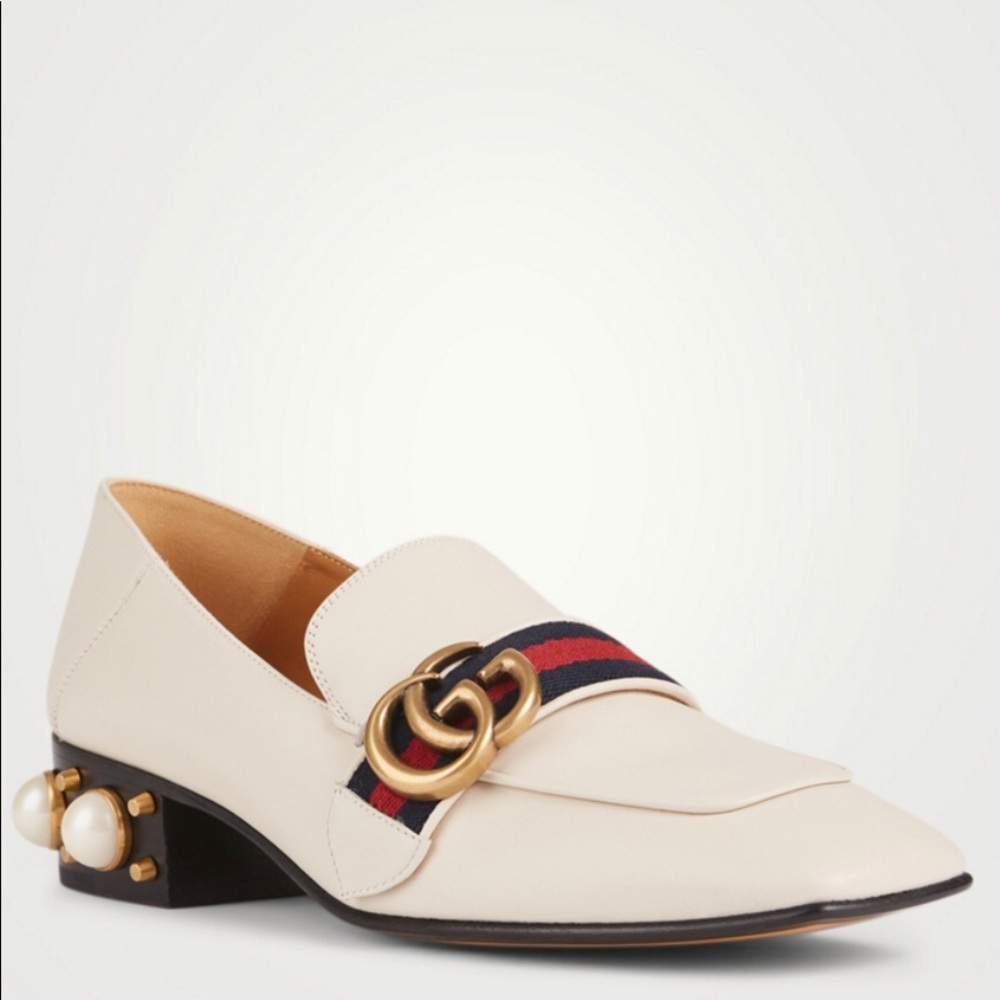 GUCCI Peyton Leather Pearl Heels Marmont GG Shoes Loafers Flats Gold Tan Luxury